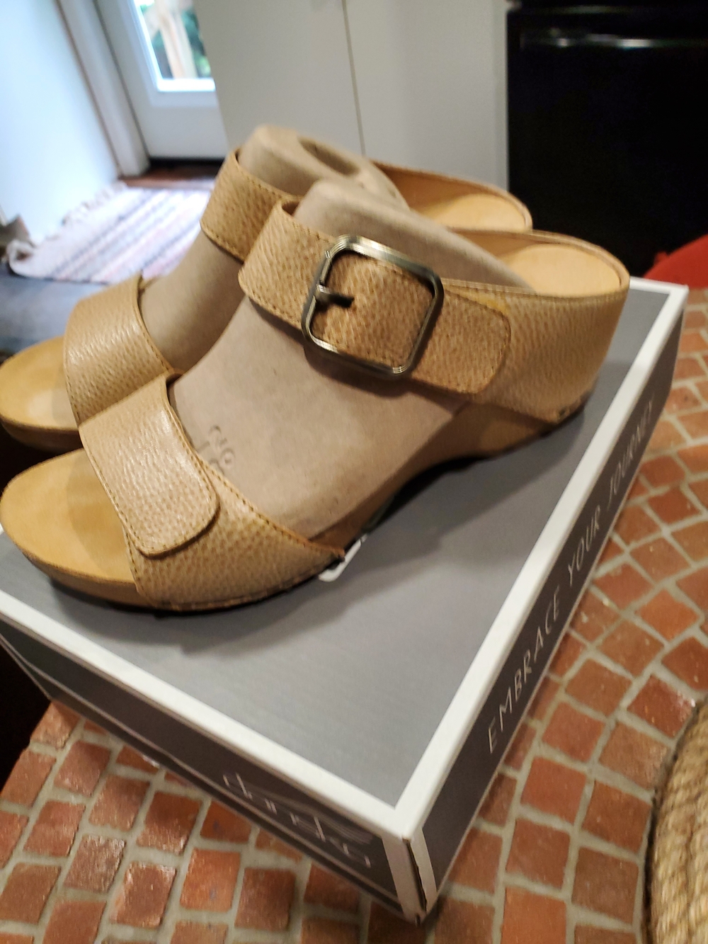 Dansko Tan Leather Buckle Slide Sandals